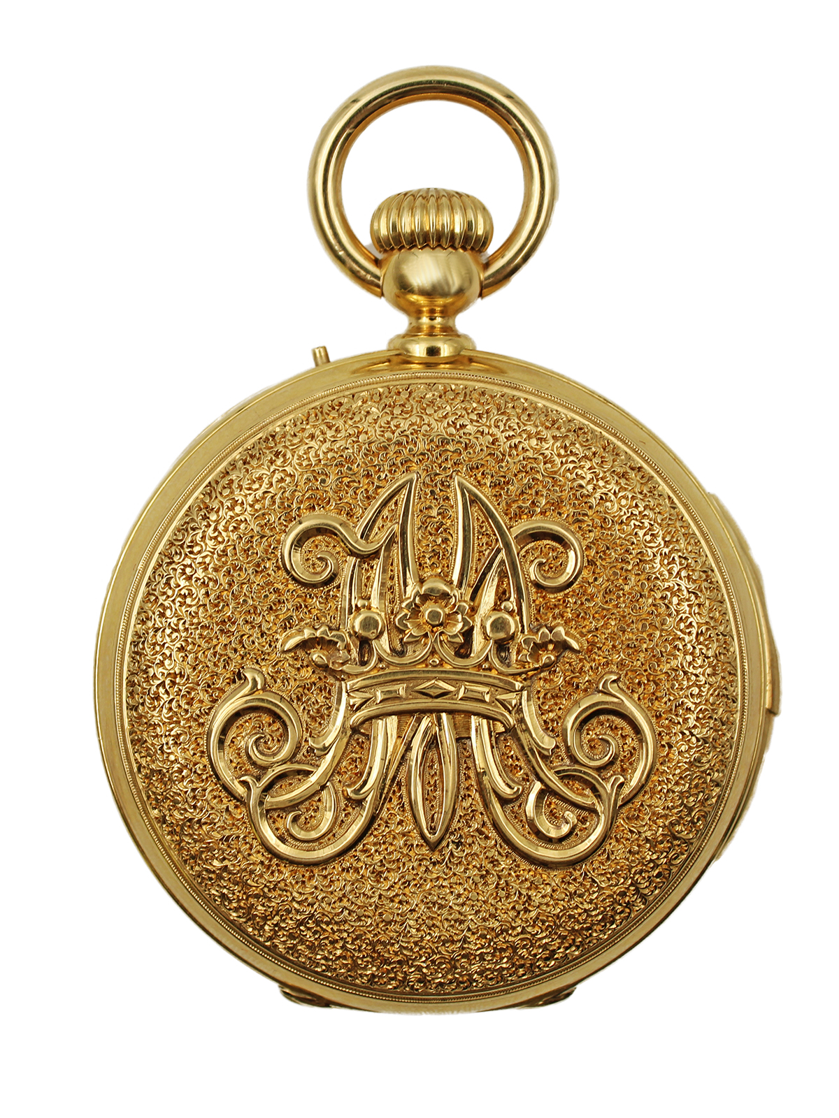 Rare Louis Audemars & Cie 18k Yellow Gold Engraved Minute Repeating Hunter Pocket Watch c. 1910s, Made for Russian Market