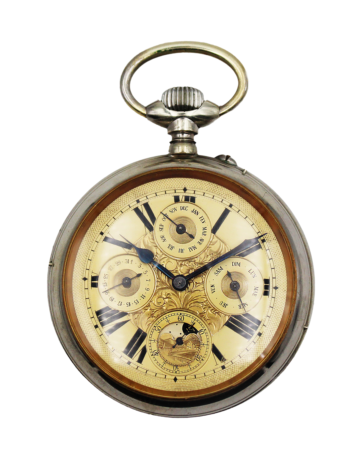 Swiss Moonphase & Calendar Silver Open Face Pocket Watch w/ Brown leather travel case c. 1920s.