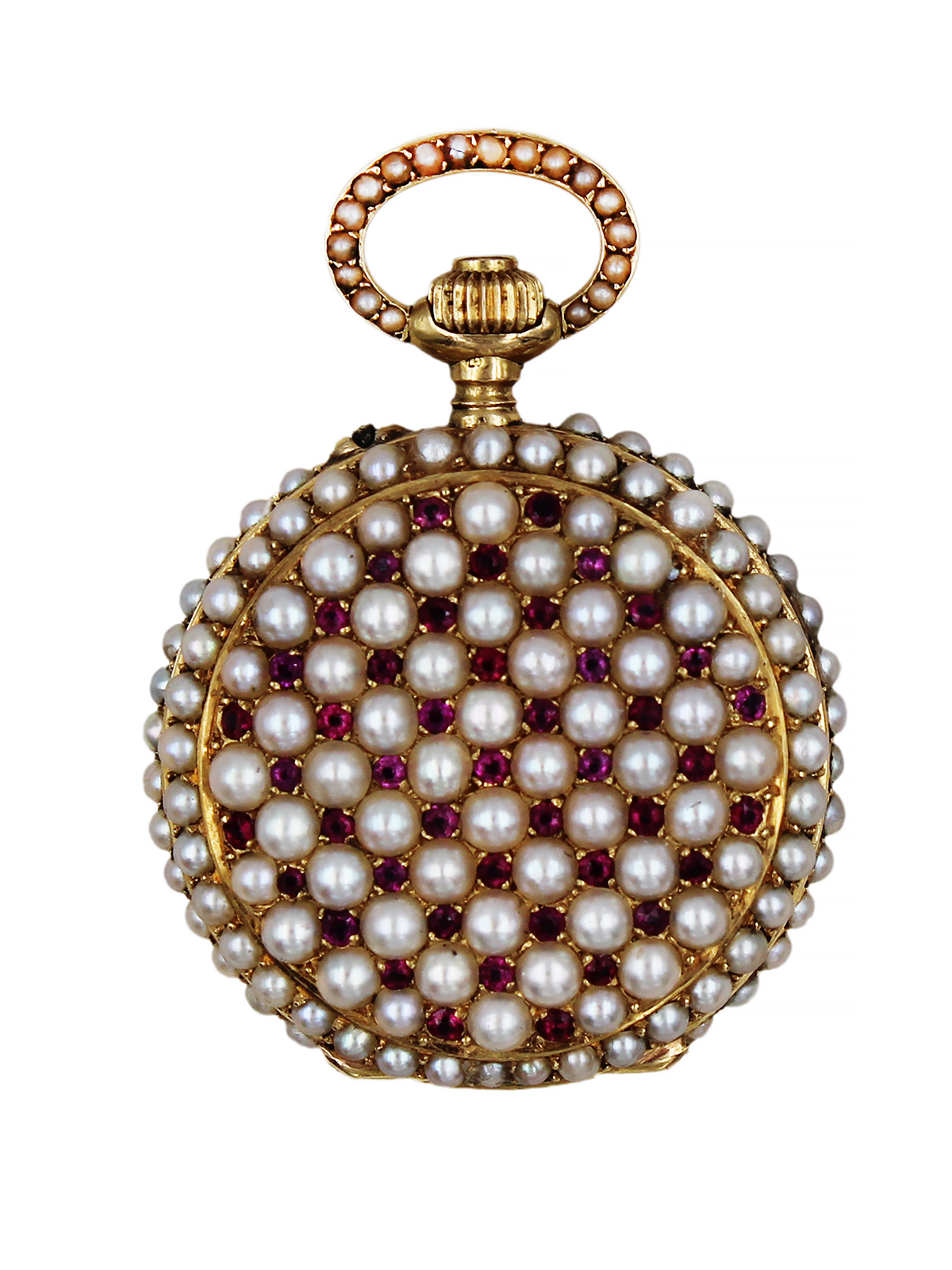 Swiss 18k Yellow Gold, Ruby & Pearl Miniature Hunter Pocket Watch for Chinese Market c. 1905