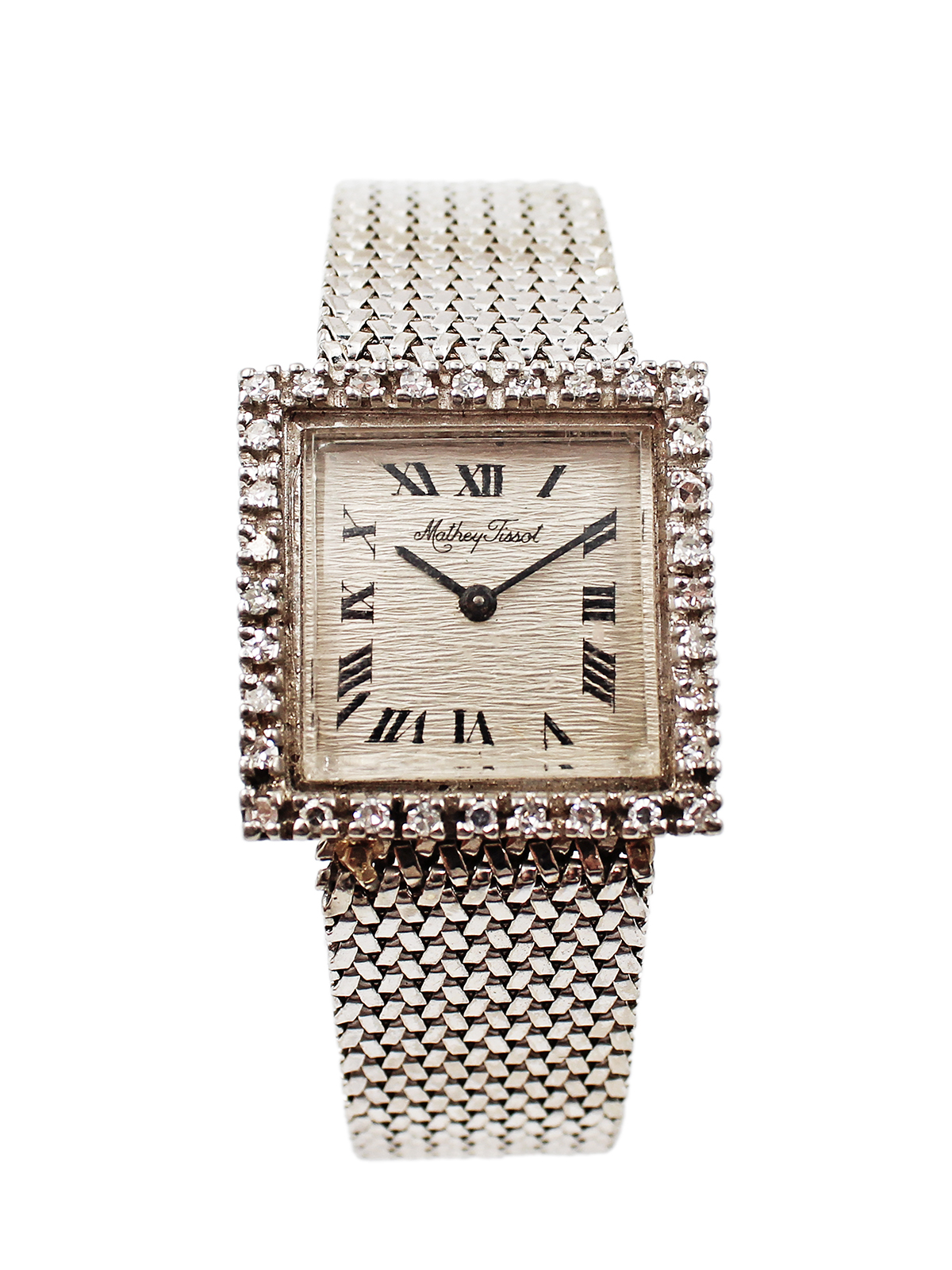 Mathey Tissot 14k White Gold & Diamond Square Bracelet Watch