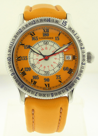 Longines "Lindberhg" Orange Auto Date SS w/ Hat Box&Booklets