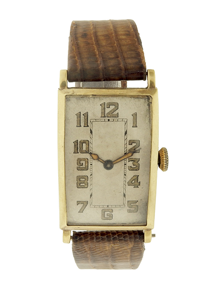 Abra Watch Co. Rectangular 14k Yellow Gold Vintage Wristwatch with Sloped Vintage Dial & Crystal, c. 1920s