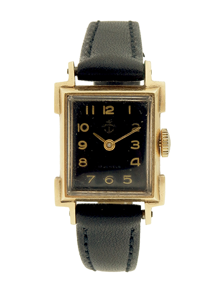 Normandie Vintage Rectangular 14k Yellow Gold Wristwatch with Black Dial