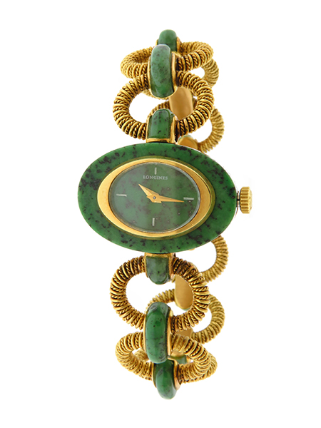 Longines 18k Yellow Gold and Jade Roped Hoop- Linked Lady's Bracelet Watch, c. 1970s