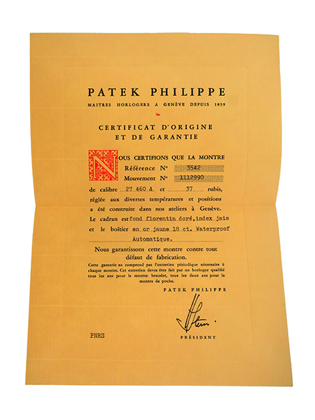 Patek Philippe Certificate of Origin with Original Envelope