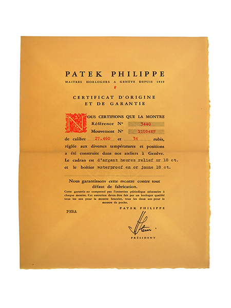 Patek Philippe (Ref 3440) Certificate of Origin with Original Envelope