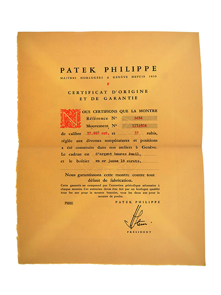 Patek Philippe (Ref 3454) Certificate of Origin with Original Envelope