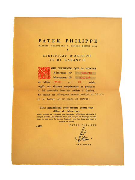 Patek Philippe (Ref 3086/48) Certificate of Origin with Original Envelope