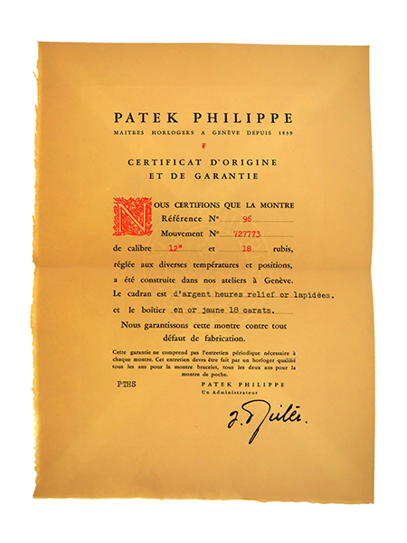 Patek Philippe (Ref 96) Certificate of Origin with Original Envelope