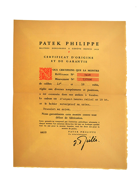 Patek Philippe (Ref 3418) Certificate of Origin with Original Envelope