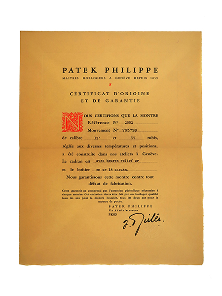 Patek Philippe (Ref 2552) Certificate of Origin with Original Envelope