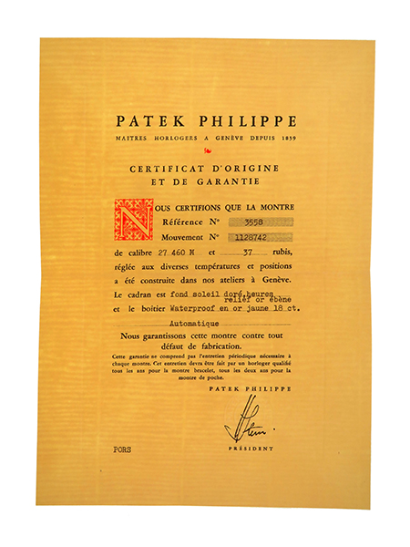 Patek Philippe (Ref 3558) Certificate of Origin with Original Envelope