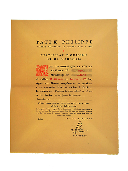 Patek Philippe (Ref 3524/1) Certificate of Origin with Original Envelope