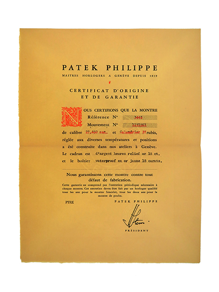 Patek Philippe (Ref 3425) Certificate of Origin with Original Envelope