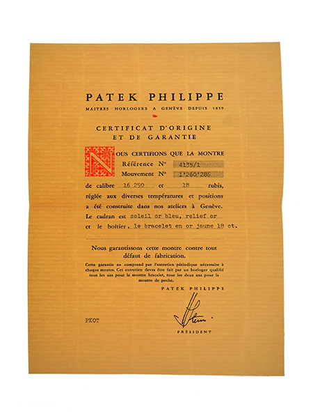 Patek Philippe (Ref 4135/1) Certificate of Origin with Original Envelope