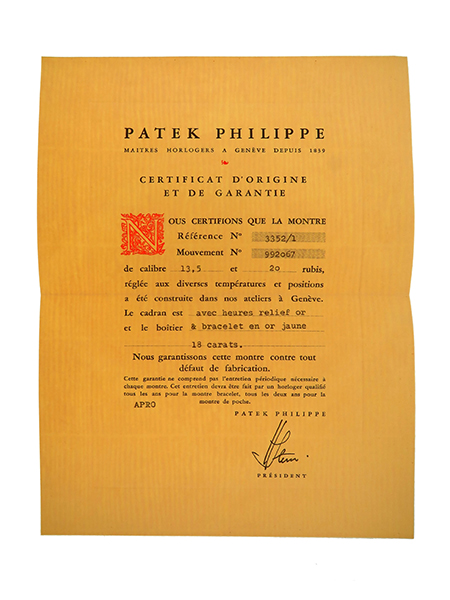 Patek Philippe (Ref 3352/1) Certificate of Origin with Original Envelope