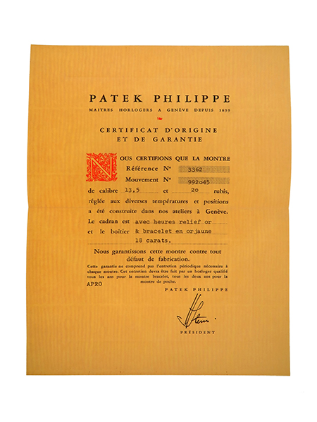 Patek Philippe (Ref 3362) Certificate of Origin with Original Envelope