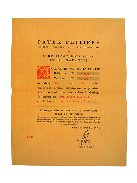 Patek Philippe (Ref 3352/1) Certificate of Origin with Original Envelope