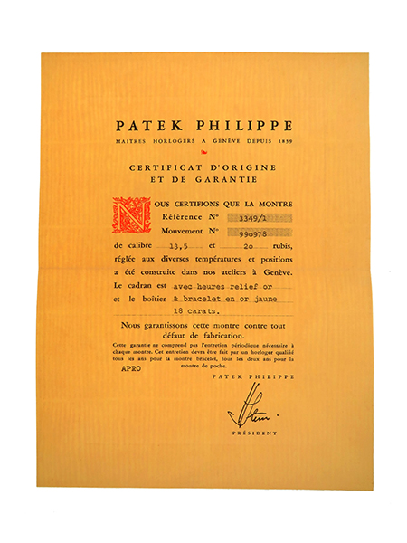 Patek Philippe (Ref 3349/1) Certificate of Origin with Original Envelope