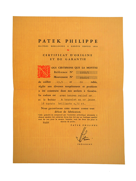 Patek Philippe (Ref 3355/1) Certificate of Origin with Original Envelope