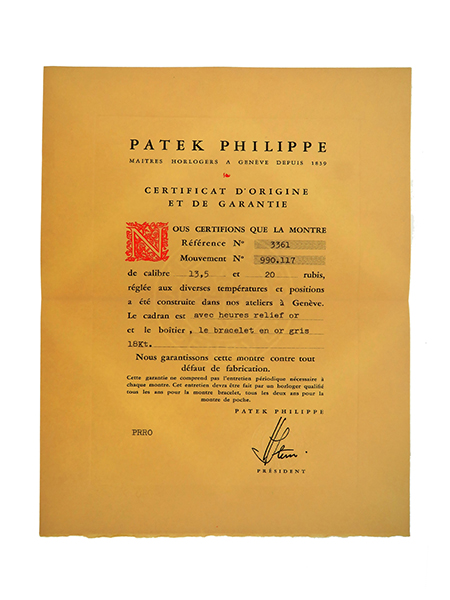 Patek Philippe (Ref 3361) Certificate of Origin with Original Envelope