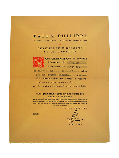 Patek Philippe (Ref 3362) Certificate of Origin with Original Envelope