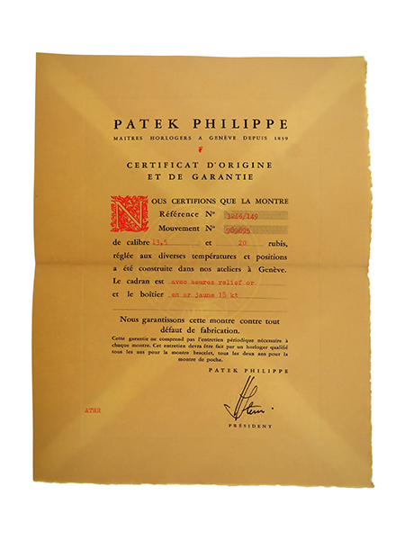 Patek Philippe (Ref 3266/149) Certificate of Origin with Original Envelope