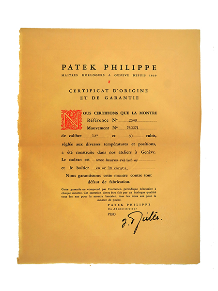 Patek Philippe (Ref 2540) Certificate of Origin with Original Envelope