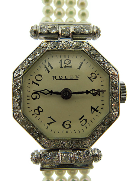 Vintage Rolex 18k White Gold and Diamond Ladies' Bracelet Watch with Seed Pearl Bracelet, c. 1927