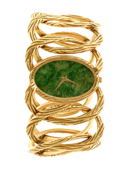 Piaget 18k Yellow Gold Nephrite Dial Lady's Striated Hoop Linked Bracelet watch c. 1970's