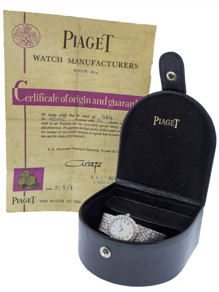 Piaget (Ref 9814) 18k White Gold Bracelet Watch with Diamond Bezel and Original Box and Cert c. 1968