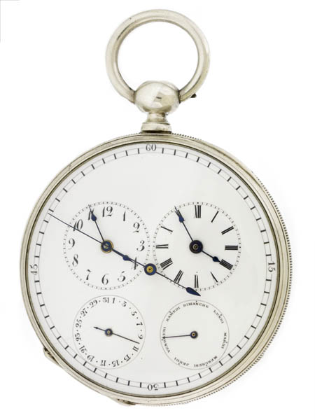 Swiss Silver Open-Face Key-Wind Pocket Watch with Two Time Zones and Rare “Secondes Morte”, Made for Chinese Market