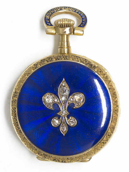 Patek Philippe 18k Yellow Gold, Enamel and Diamond Fleur-de-Lis Open Face Pendant Watch with Extract, Made for C.L.Byrd & Co. c. 1896