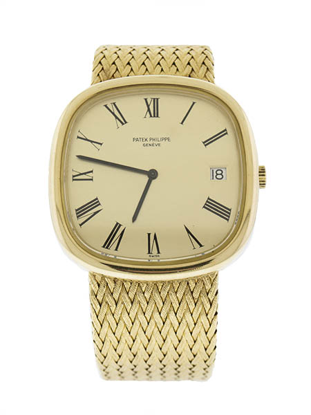 Patek Philippe (Ref 3604/2) 18k Gold Automatic Cushion- Shaped Calendar Bracelet Watch,  c. 1974 w/ box