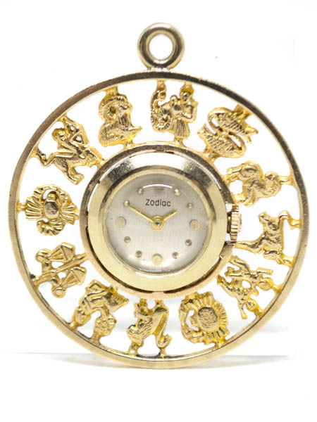 Zodiac 14k Yellow Gold Pendant Watch with 12 Zodiacs & Box c. 1958