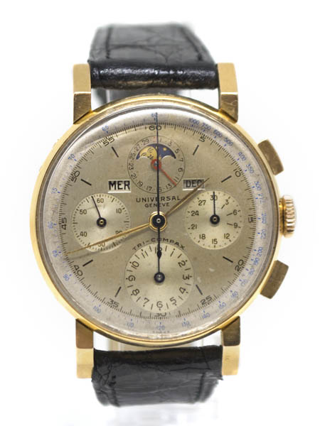 Universal Geneve "Tri-Compax" 18k Pink Gold Chronograph with Box, Triple Calendar & Moonphase c. 1940s