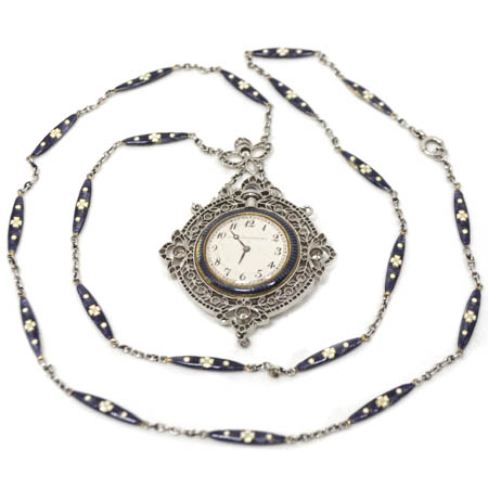 Agassiz, retailed by Bailey, Banks, & Biddle 18k Yellow Gold, Enamel, Platinum & Diamond Pendant Watch & Chain c. 1910