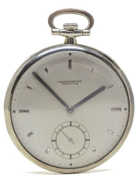 Zenith 18k White Gold 43mm Open Face Pocket Watch with Baguette Diamond Indexes