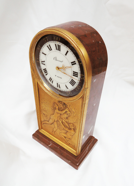 French Red Marble and Brass, 8 Day Clock. c.1920/30's. Signed Chevron