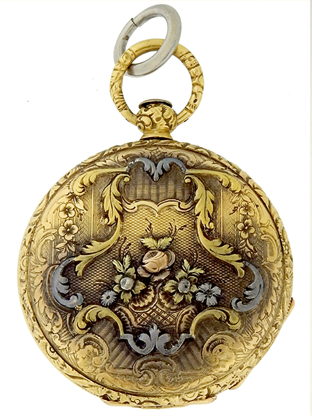 French Yellow Gold Multicolored Engraved Open Face Pocket Watch