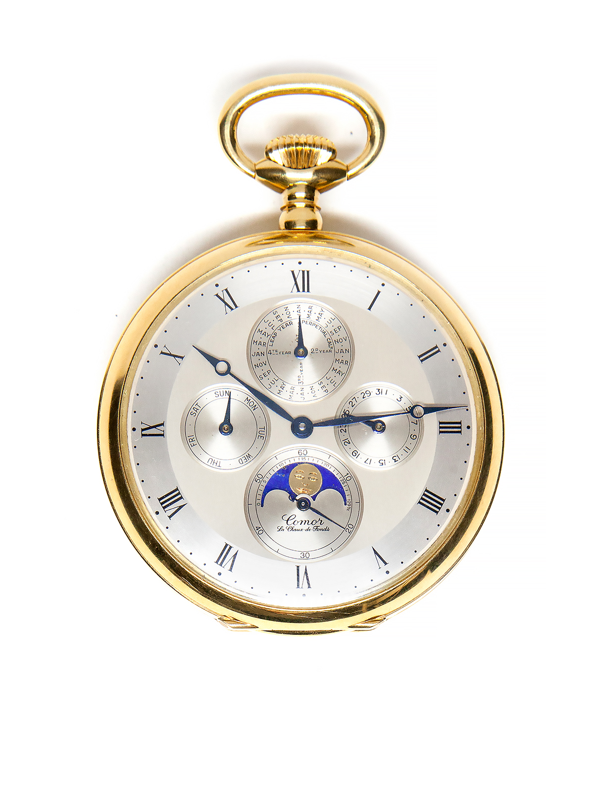 IWC Comor 18k Yellow Gold Perpetual Calendar Moonphase Open-Face Ltd Edition Pocket Watch w/ Certificate c. 1980s, Ref CAP.1754.L