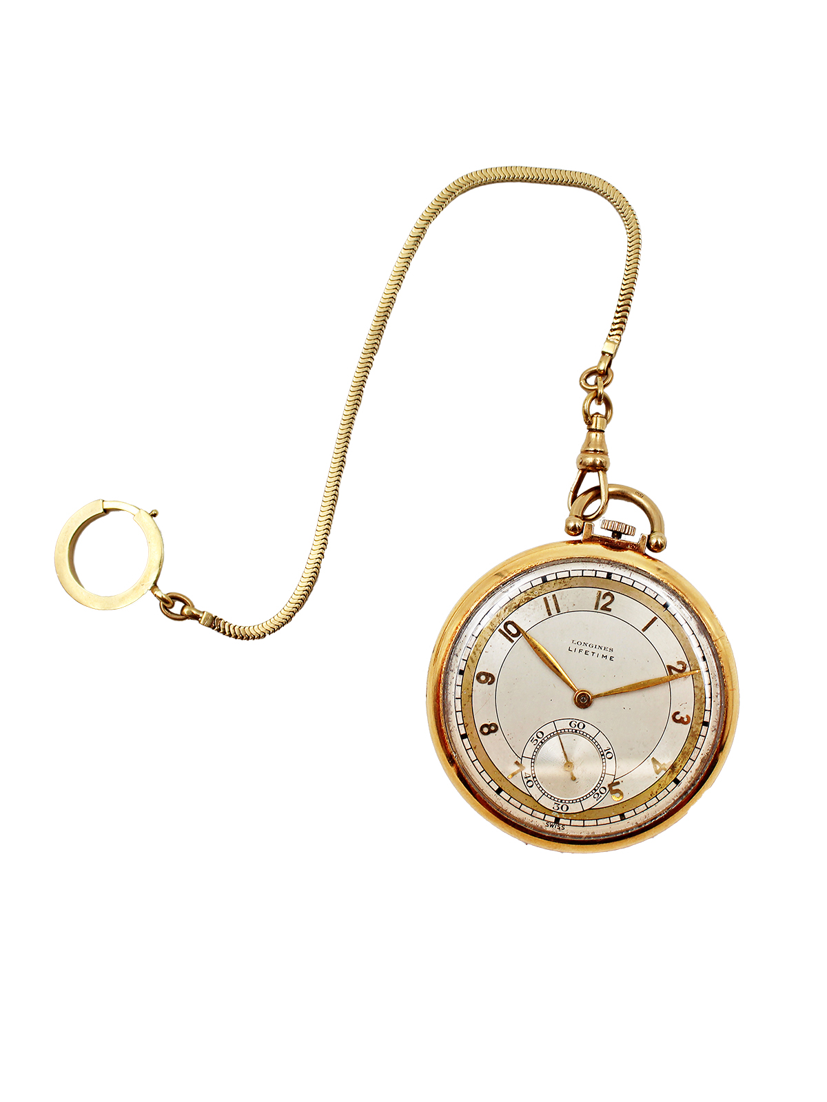 Longines Special Model "Lifetime" 14K Yellow Gold Open Face Pocket Watch, with 14k Yellow Gold Chain