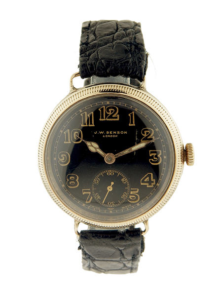 J.W. Benson Vintage 9k Yellow Gold Waterproof Wristwatch with Black Enamel Dial, c. 1920s