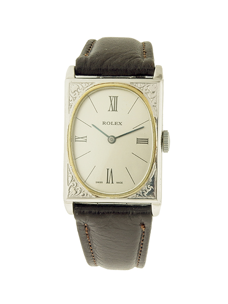 Rolex Vintage Nickel Wristwatch with Refinished Oval Dial in Decorative Engraved Case