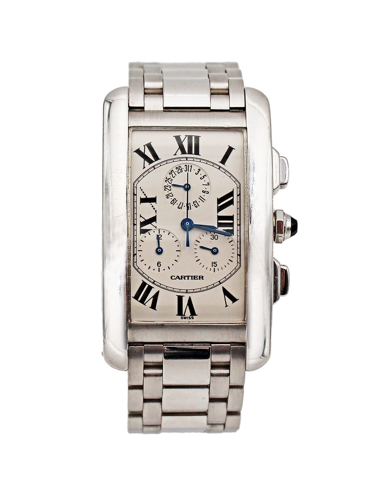 Cartier “Tank Americaine” 18k White Gold Chronograph Bracelet Watch, Ref. 2312, Large Size