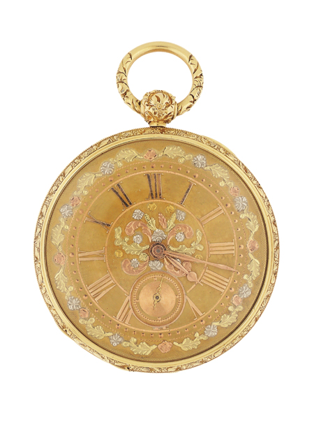 French 18k Yellow Gold Open Face Pocket Watch with decorative multi-colored gold dial