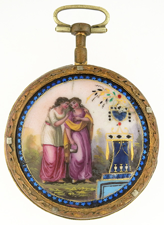 Swiss "Patry & Choudoir" Enamel Scene, Gilt Metal Open Face Pocket Watch, c.1795