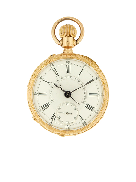 18K Yellow Gold Augustin Perret Pocket Watch w Early Retrograde Calendar