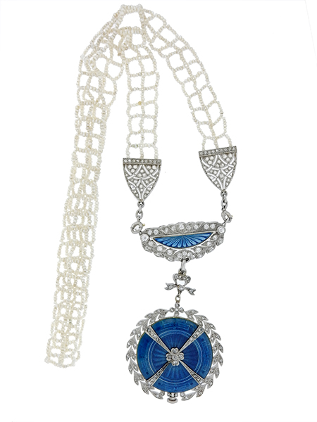 Longines Platinum, Blue Enamel & Diamond Ladies Pendant Watch w/ Pearl Necklace, comes w/ box