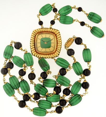 Zenith 18k YG Ladies Necklace Watch w/ Malachite & Onyx Alternating Beads